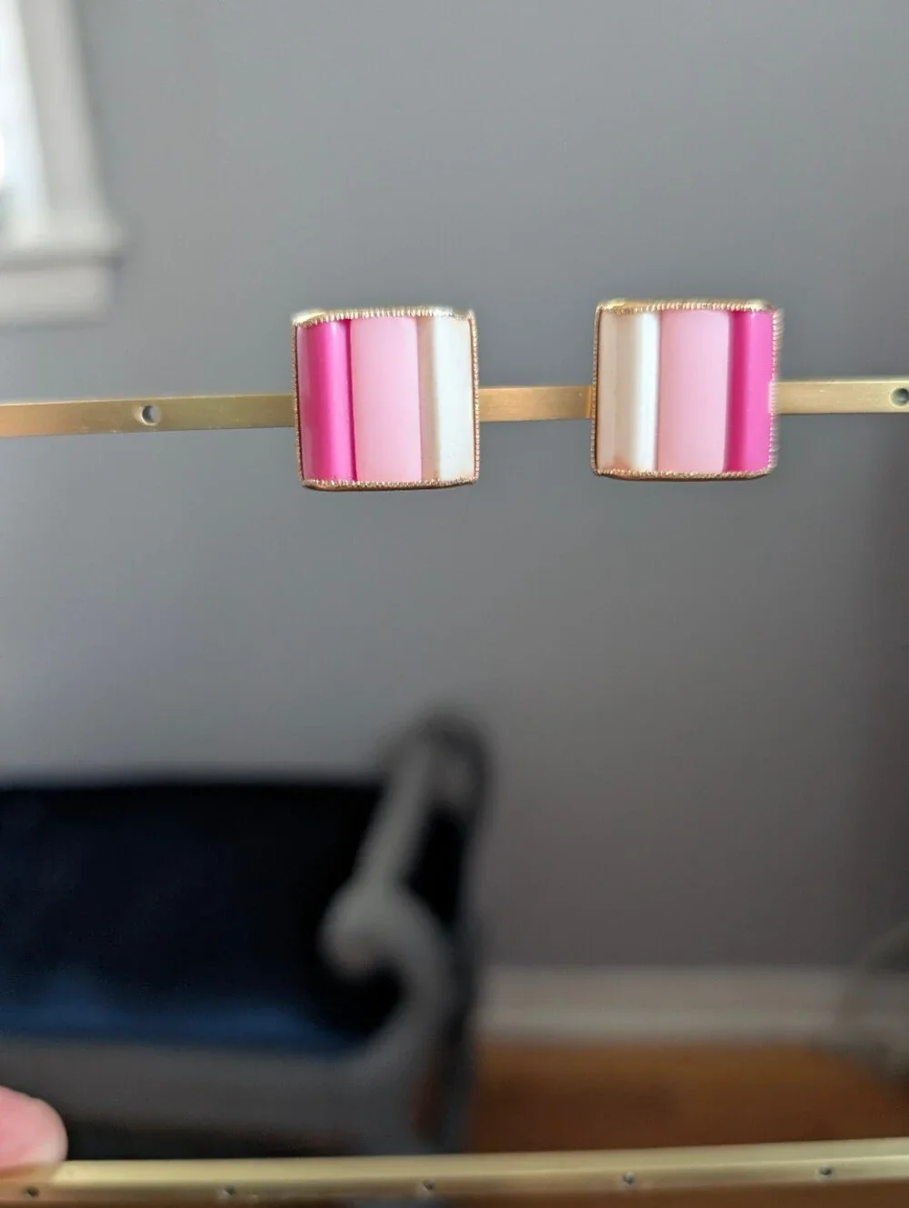 Vintage Pink Stripe Gold Clip on Earrings Signed Germany